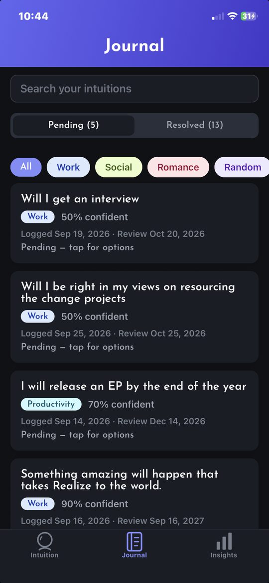 Journal screen listing pending predictions